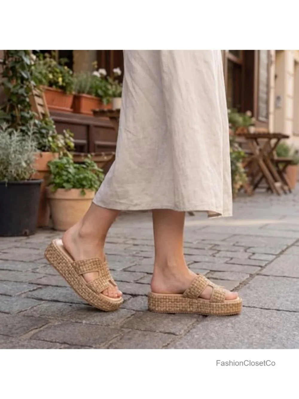 Woven Raffia Espadrille Platform Sandals Slip-On Wedge Slides
